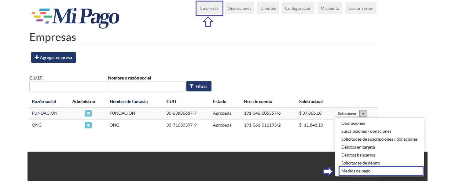 Solicitar Actualización de los Medios de Pago