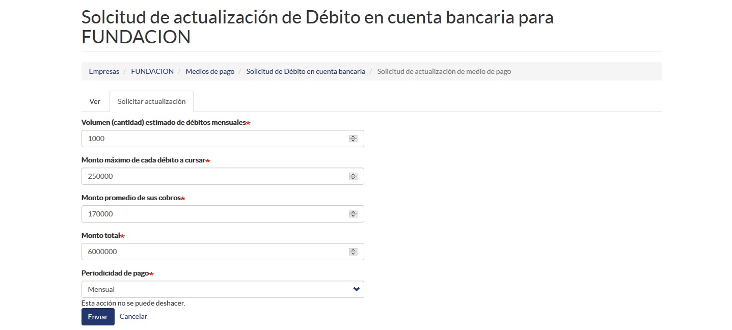 Solicitar Actualización en los Medios de Pago